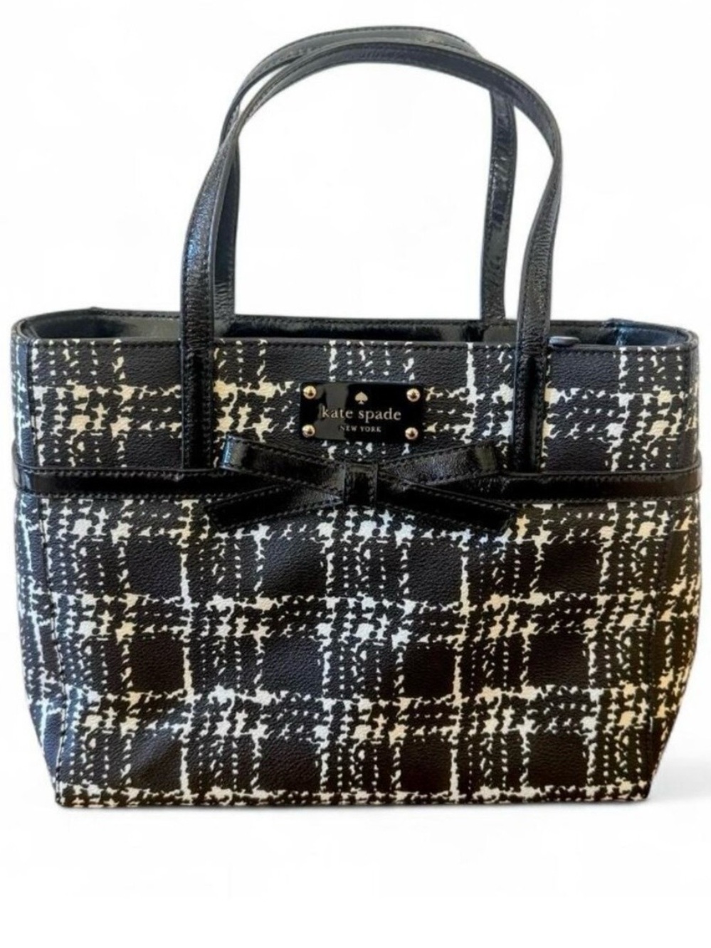 Kate Spade Belleville Helena Plaid Tote Bag - Black/White Patent Bow - EUC